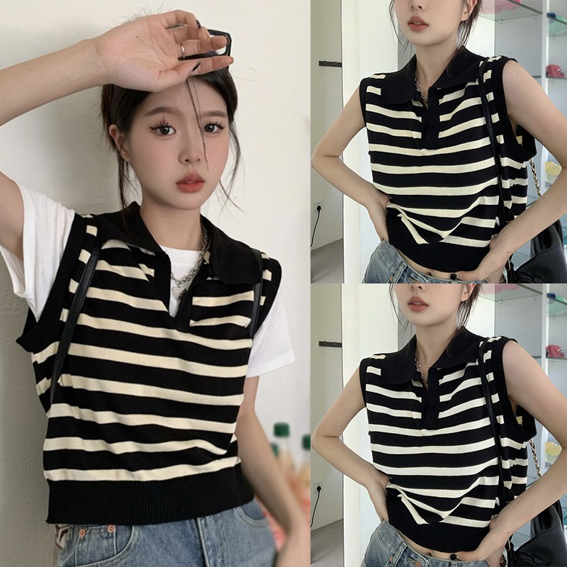 Áo Croptop Trễ Vai Hoạ Tiết Kẻ Sọc Màu Đen Phong Cách Hàn Quốc