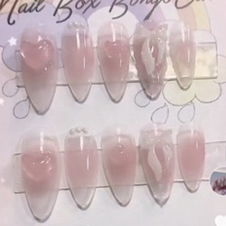 Nails box móng úp thiết kế sơn gel thạch hồng gắn tim kèm nơ