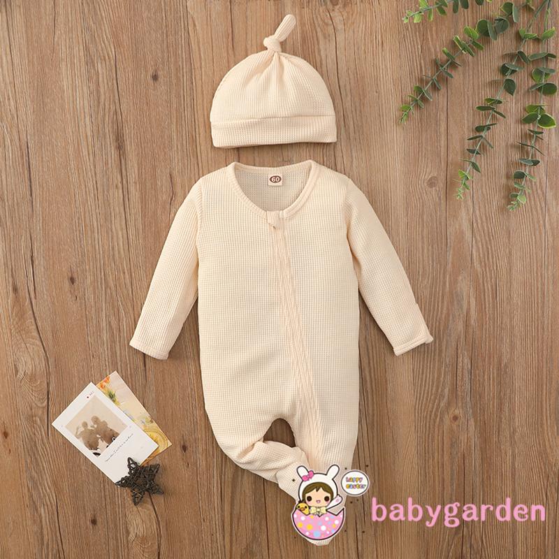 Bộ Áo Liền Quần Tay Dài Cổ Tròn Màu Trơn + Mũ Xinh Xắn Cho Bé 0-24 Tháng Tuổi