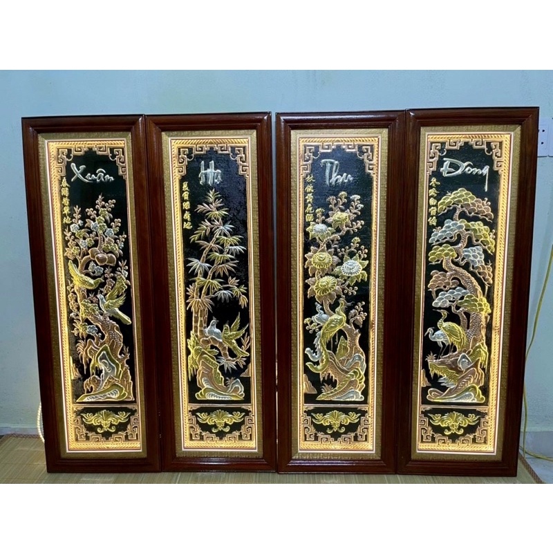 Tranh tứ quý cm cao 100 cm  x 40 cm nặng 17 kg   khung gỗ chất liệu bằng đồng bảo hành trọn đời tranh treo phong thủy