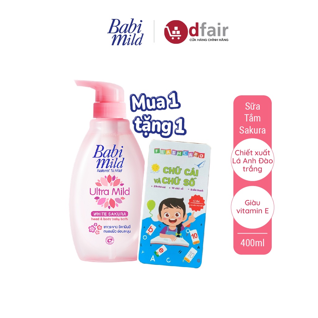 Sữa Tắm Gội Em Bé Babi Mild White Sakura 400ml Tặng 1 Flash Card