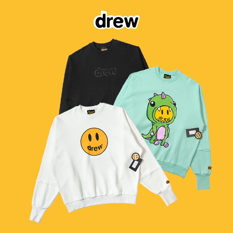 DREW HOUSE MASCOT Áo sweater tay dài cổ tròn in hình mặt cười khủng long màu đỏ phong cách đường phố cho nam và nữ