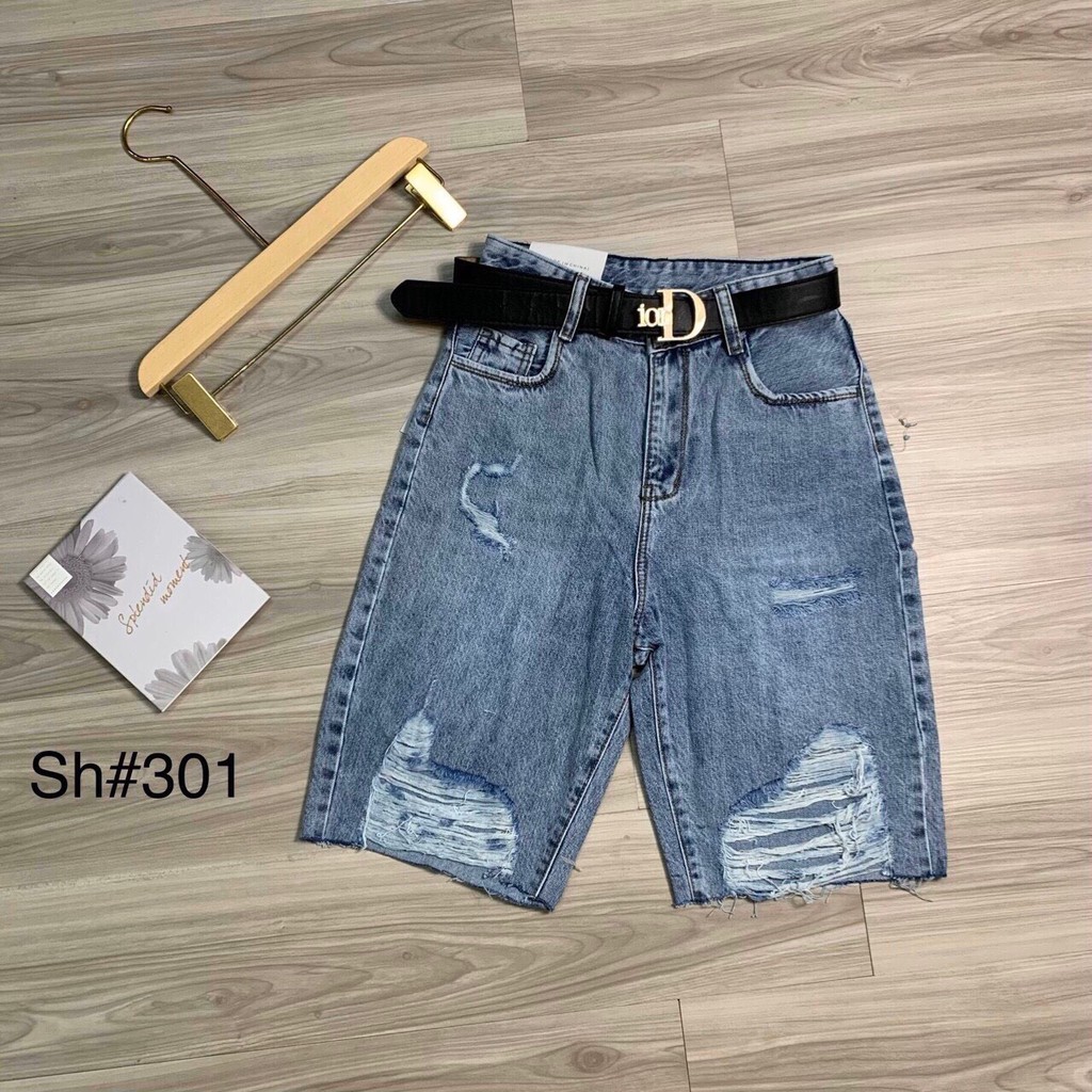 QUẦN SHORT LỬNG JEAN – BÒ NGÓ ĐÙI KIỂU NỮ LƯNG CAO XANH TRƠN BASIC RÁCH BỤI 46