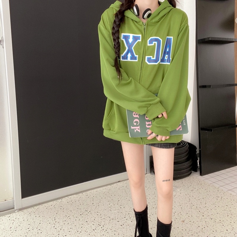 ZHELIHANGFEI Áo Khoác Tay Dài Có Nón Khóa Kéo Form Rộng In Họa Tiết Preppy Phong Cách Thể Thao