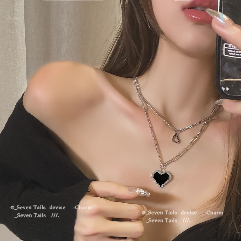 Set 2 dây chuyền MAYEBE LAVEND bằng thép titan mặt hình trái tim màu đen phong cách Hàn Quốc cá tính dành cho nữ
