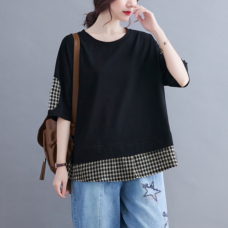 G80 áo thun big size freesize thoải mái rộng rãi phối kẻ caro thời trang phong cách