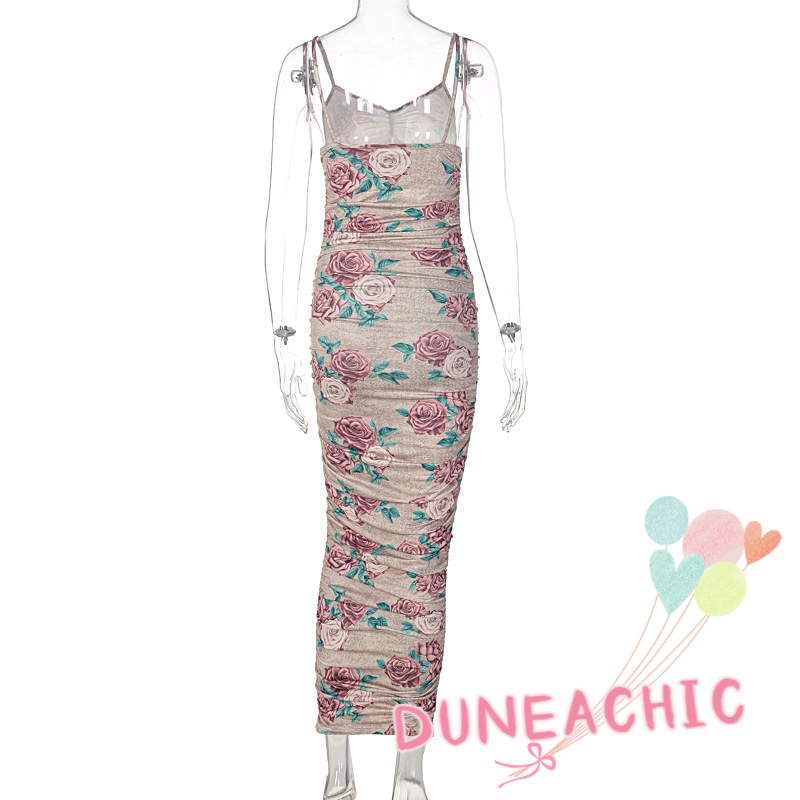 DUNEA Đầm Hai Dây Hở Lưng In Hoa Xinh Xắn Cho Nữ