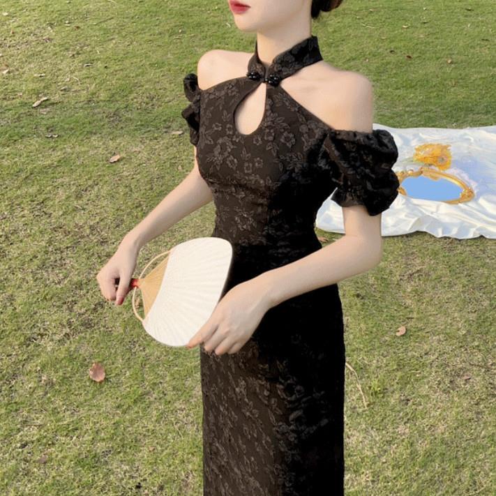 Đầm Sườn Xám Cách Tân Tay Ngắn Hở Vai Màu Đen Quyến Rũ Phong Cách Retro Dành Cho Nữ
