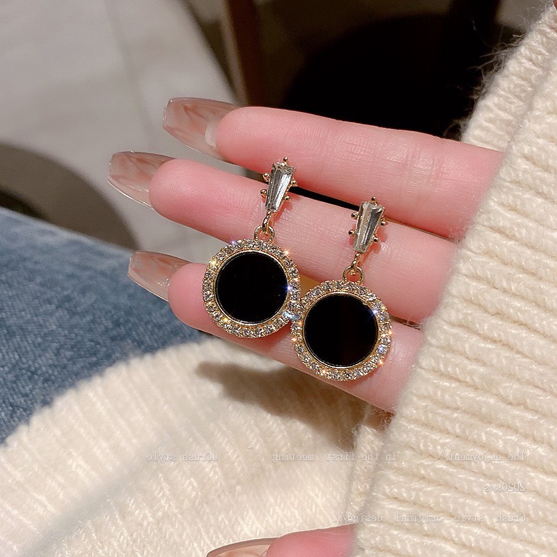 Bông Tai Hình Trái Tim Đính Đá Đen Phong Cách Hàn Quốc Đơn Giản Thời Trang Cho Nữ