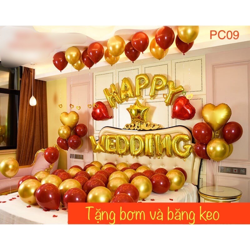 [ Tặng 100 cánh hoa hồng] set bóng phòng cưới tone vàng - đỏ lựu