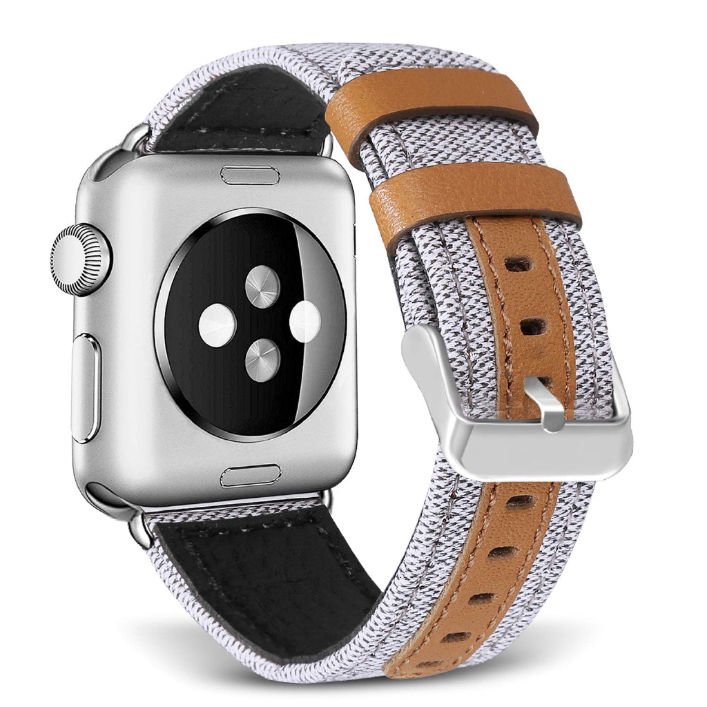 Dây đeo đồng hồ vải canvas nylon phối da cho Apple Watch Series 1 2 3 4 5 6 SE 38mm 40mm 42mm 44mm Series 7 41mm 45mm