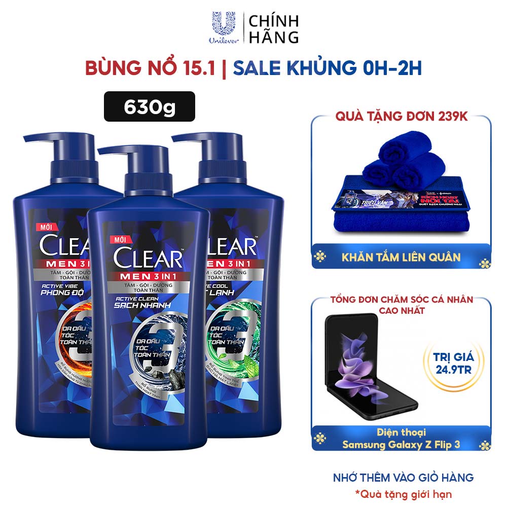 Dầu Tắm - Gội - Dưỡng Mát Lạnh 3 trong 1 cho nam Clear Men Active 630g