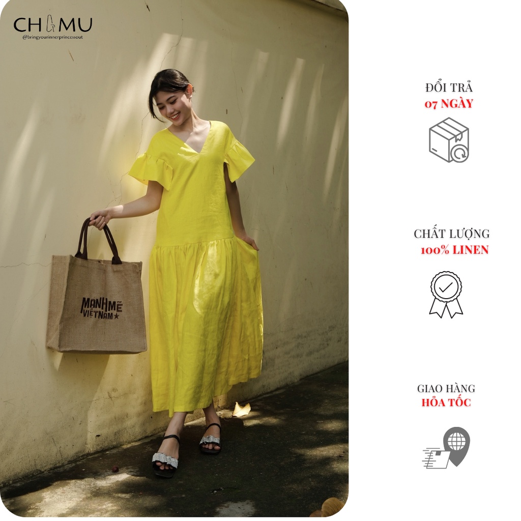 Đầm linen 100% hàng thiết kế tay cách điệu tùng xòe | B.BRAVE long linen dress | CHAMULINEN