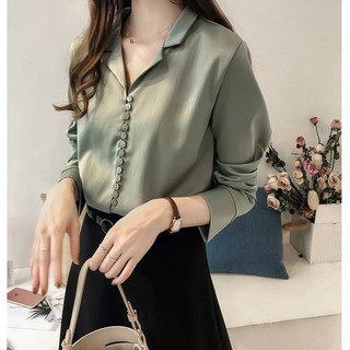 Áo Sơ Mi Lụa Satin Dài Tay Đính Nút Thanh Lịch Cho Nữ 2020
