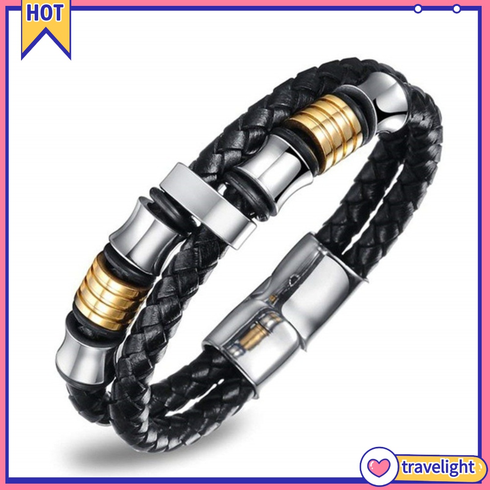 Vòng Tay Bện Dây Da Giả Hai Lớp Khóa Nam Châm Thời Trang Cho Nam