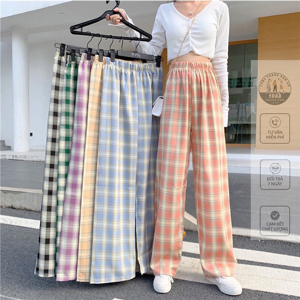 Quần Kẻ Caro Ống Rộng ❤ Quần Caro Nữ Cạp Chun Lưng Cao Dáng Suông