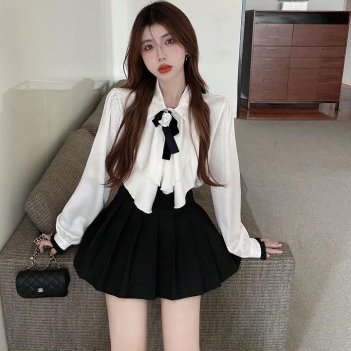 Áo sơ mi nữ form rộng cổ polo phối tai bèo dài tay phong cách Hàn Quốc màu trắng be thời trang