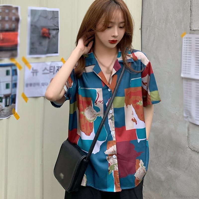 Korean Style Geometric Print Loose Casual Chiffon Shirt