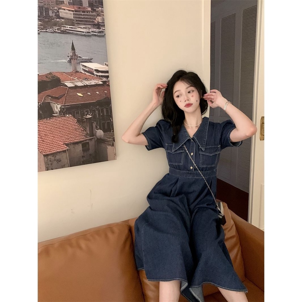 Đầm Denim Cổ POLO Tay Phồng Thời Trang Mùa Hè Phong Cách Mới Dành Cho Nữ