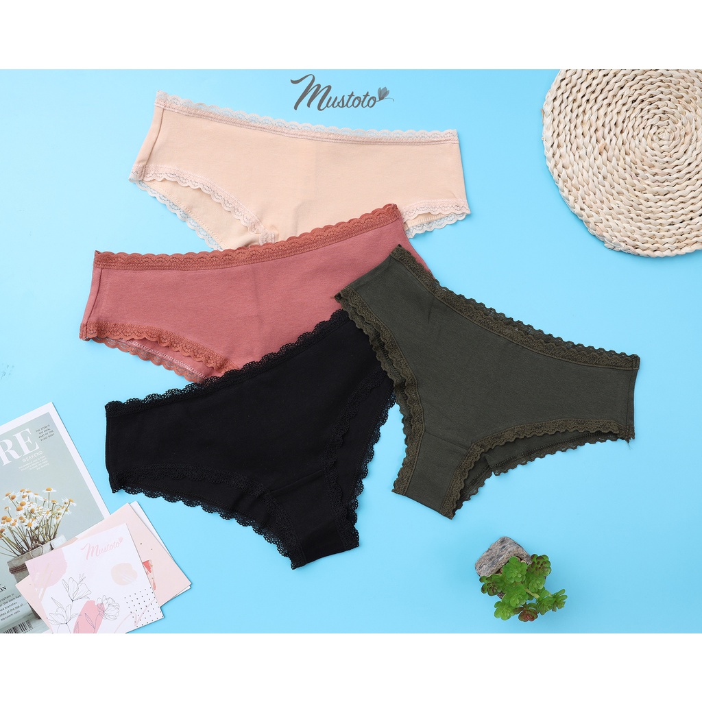 Quần Lót Nữ Trơn Cotton Organic Viền Ren Lưng Thấp Michelia