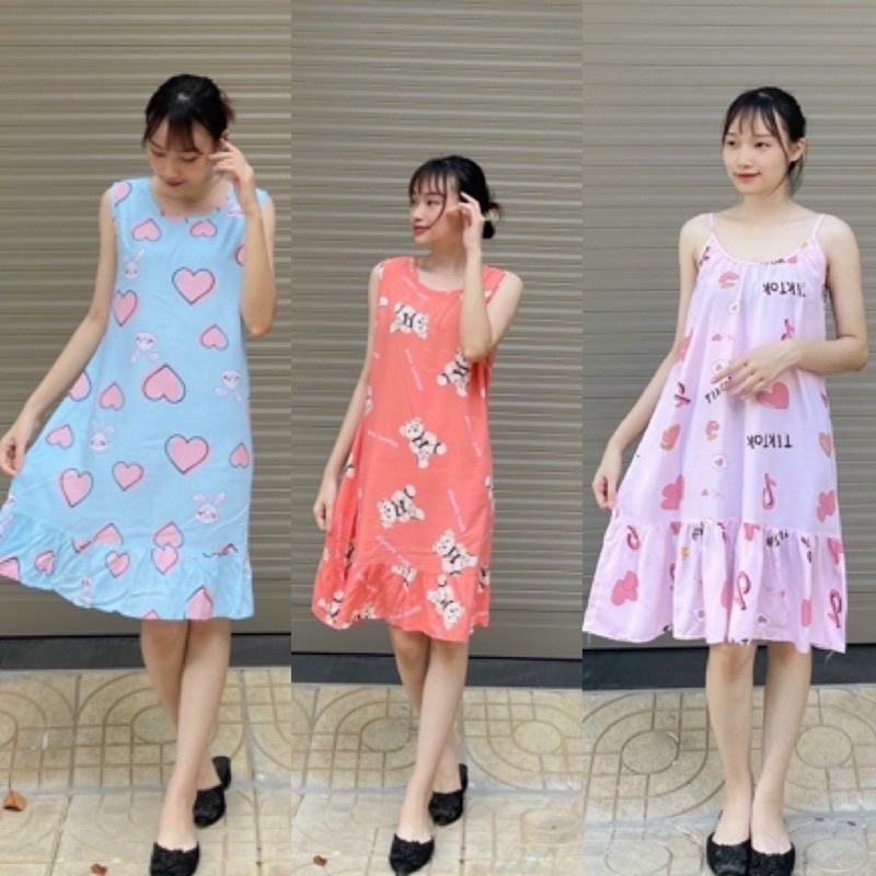 Váy lanh lụa chữ A dài ngang gối mặc ở nhà, mặc ngủ, mặc bầu,váy lanh sát nách