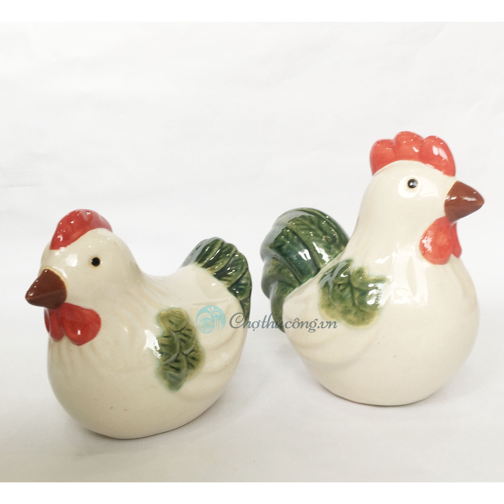 Gà gốm sứ tráng men trống / mái - Tượng gốm mộc mạc, xinh xắn trang trí, decor vintage, size lớn