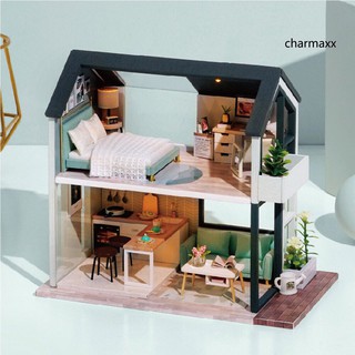 Ql001 mô hình nhà gỗ búp bê diy có mika, keo, đèn