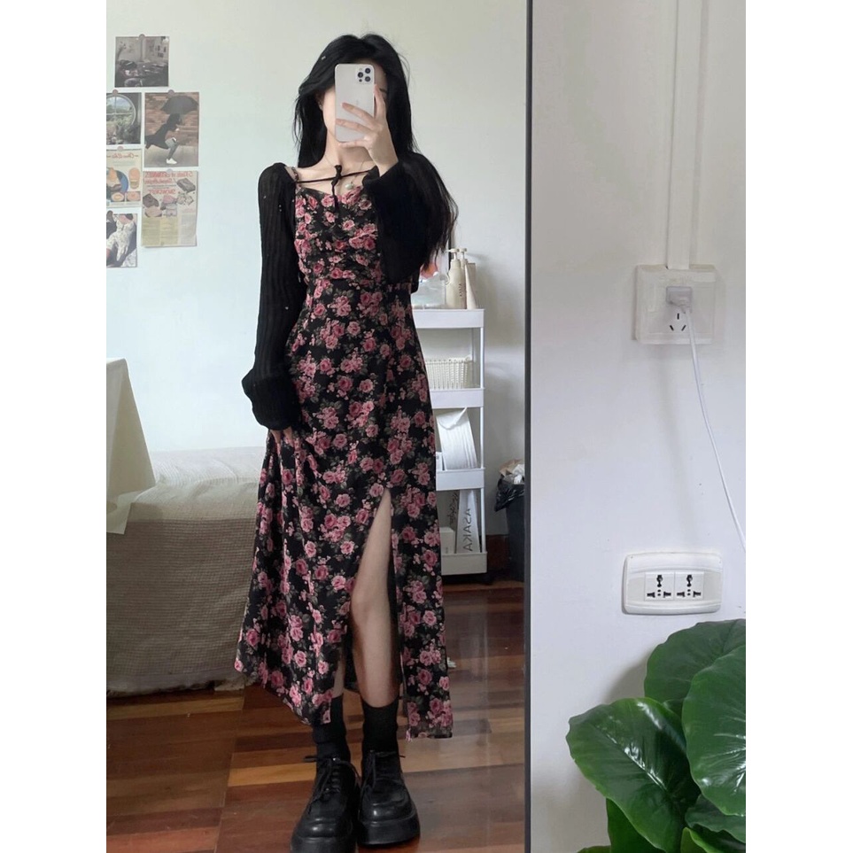 Set Đầm Hoa Hồng Và Áo Khoác Cardigan Mỏng Tay Dài Chống Nắng Phong Cách Retro Mùa Hè Cho Nữ