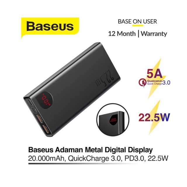 Pin dự phòng sạc nhanh Baseus Adaman Metal Digital Display Quick Charge 3.0, 22.5W dung lượng 20000mAh