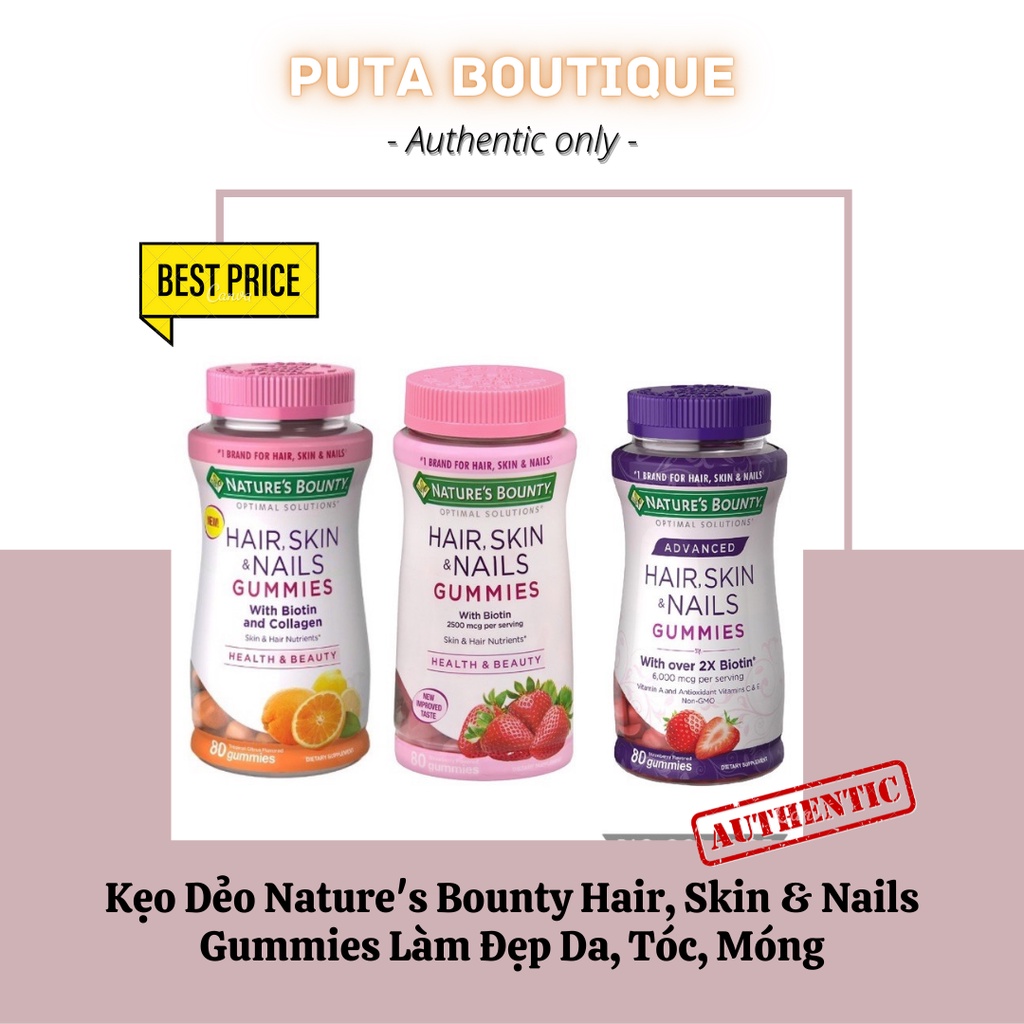 Kẹo Dẻo Nature's Bounty Hair, Skin &amp; Nails Gummies Làm Đẹp Da, Tóc, Móng