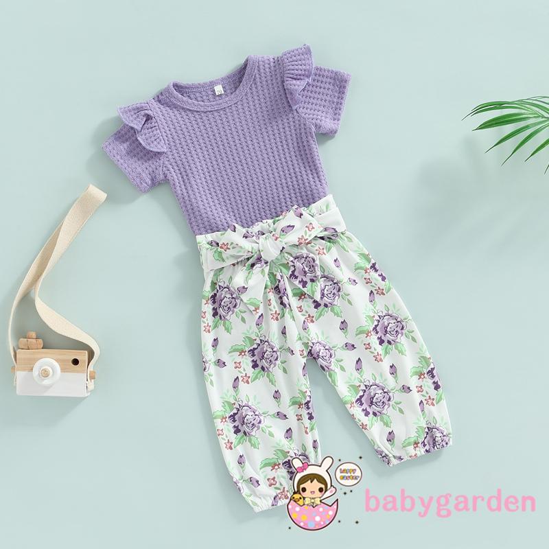 Bộ Áo Liền Quần Tay Ngắn Màu Trơn Phối Nơ Thời Trang Mùa Hè Cho Bé Gái 0-24 Tháng Tuổi