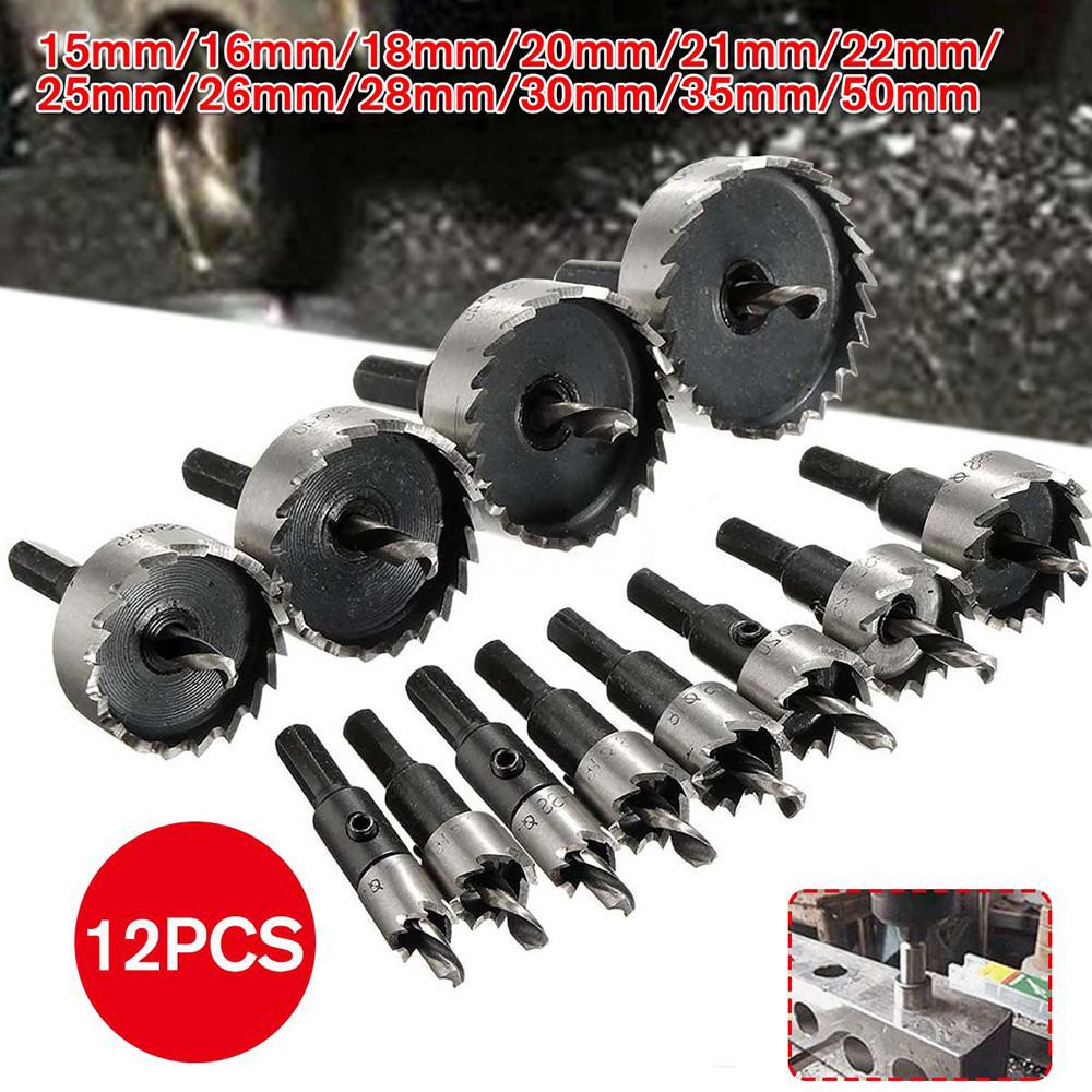 zone1 12PCS HSS Drill Bit Hole Saw Tooth Set Stainless Steel Metal Alloy Cutter 15-50mm