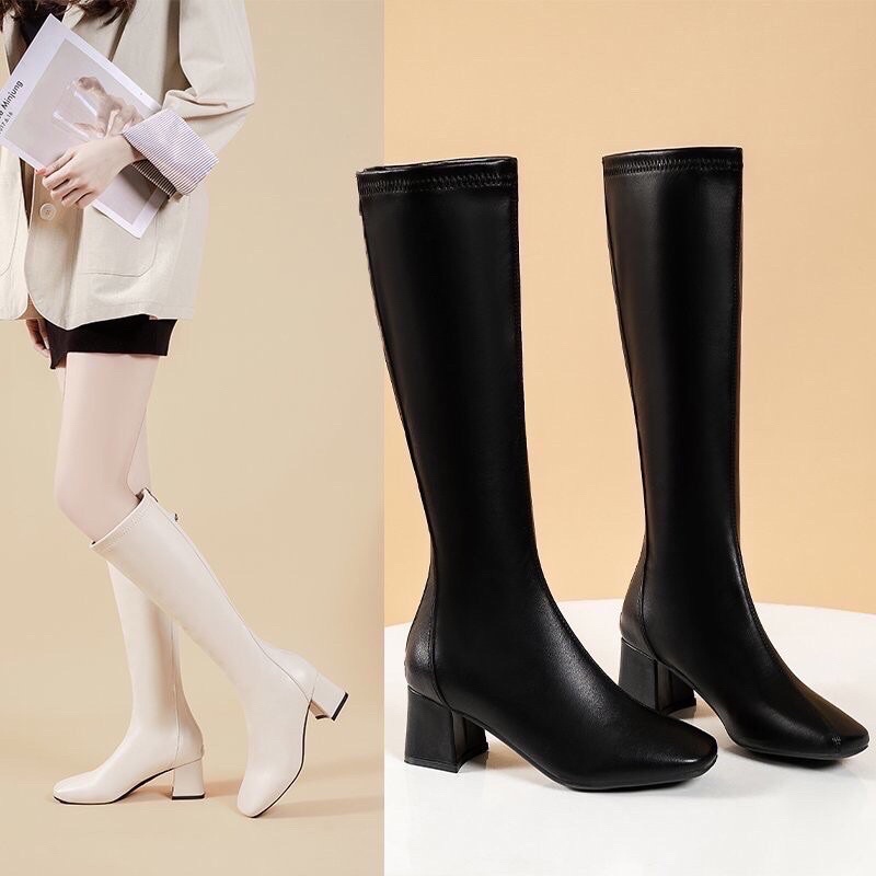 sẵn/ boot da mõm vuông☺️ 5cm giày da gót vuông / bốt gối | boot đùi 👻 giày đen da (ĐẶT GIAO LUÔN) | BigBuy360 - bigbuy360.vn