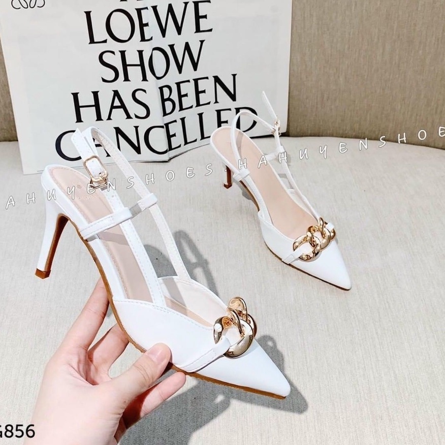 Giày cao gót nữ phối xích hở gót sandal nữ gót nhọn 7 phân mũi xích -M76