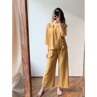 Áo Pocket heather Tủ Nhà Mây dáng rộng tay lỡ cổ viền bèo màu be,vàng