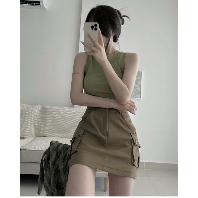 SET 3 MÓN XANH: KHOÁC SƠ MI KẺ + PULL 3 LỖ + CHÂN VÁY KAKI