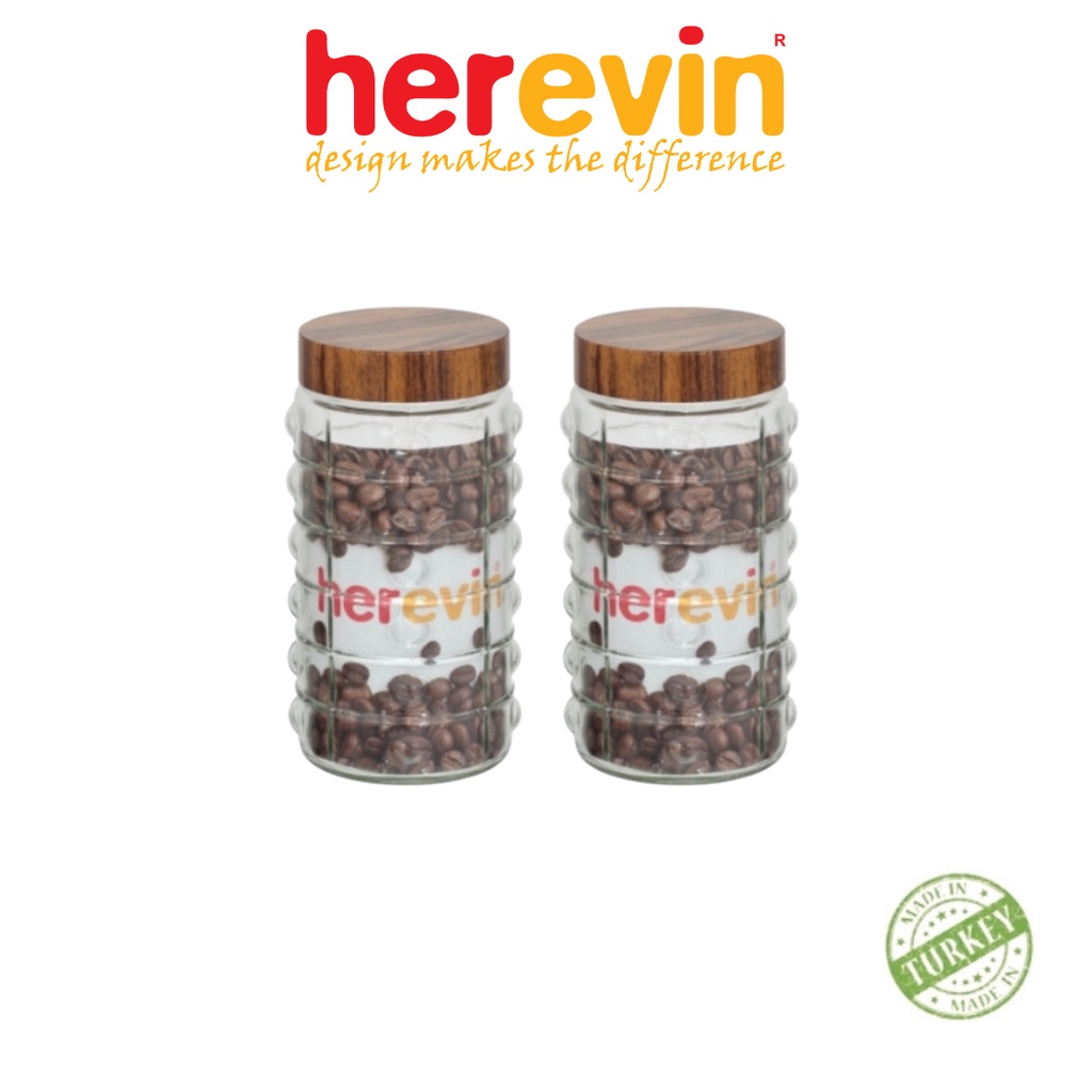 Bộ 2 Hũ Thuỷ Tinh Herevin Tròn Sọc Nắp woody 1.5L - HEHU231902-205