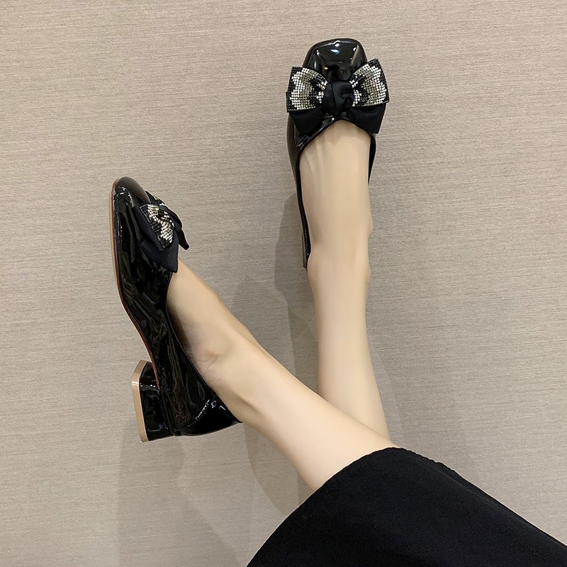 Giày Búp Bê Bệt Có Nơ Bằng Da Gót Thấp Thời Trang Cho Nữ