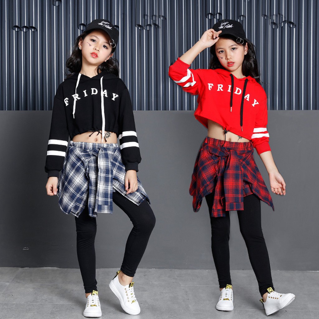 Bộ Trang Phục 2 Mảnh Gồm Áo Hoodie In Chữ Và Quần Dài Họa Tiết Caro Thời Trang Biểu Diễn Sân Khấu Cho Bé Gái