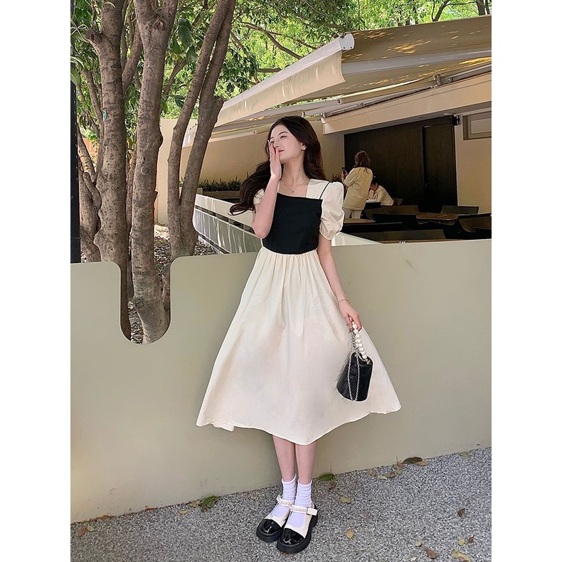 Set Áo Tay Phồng Cổ Vuông + Chân Váy Chữ A Lưng Cao Thời Trang Nữ retro