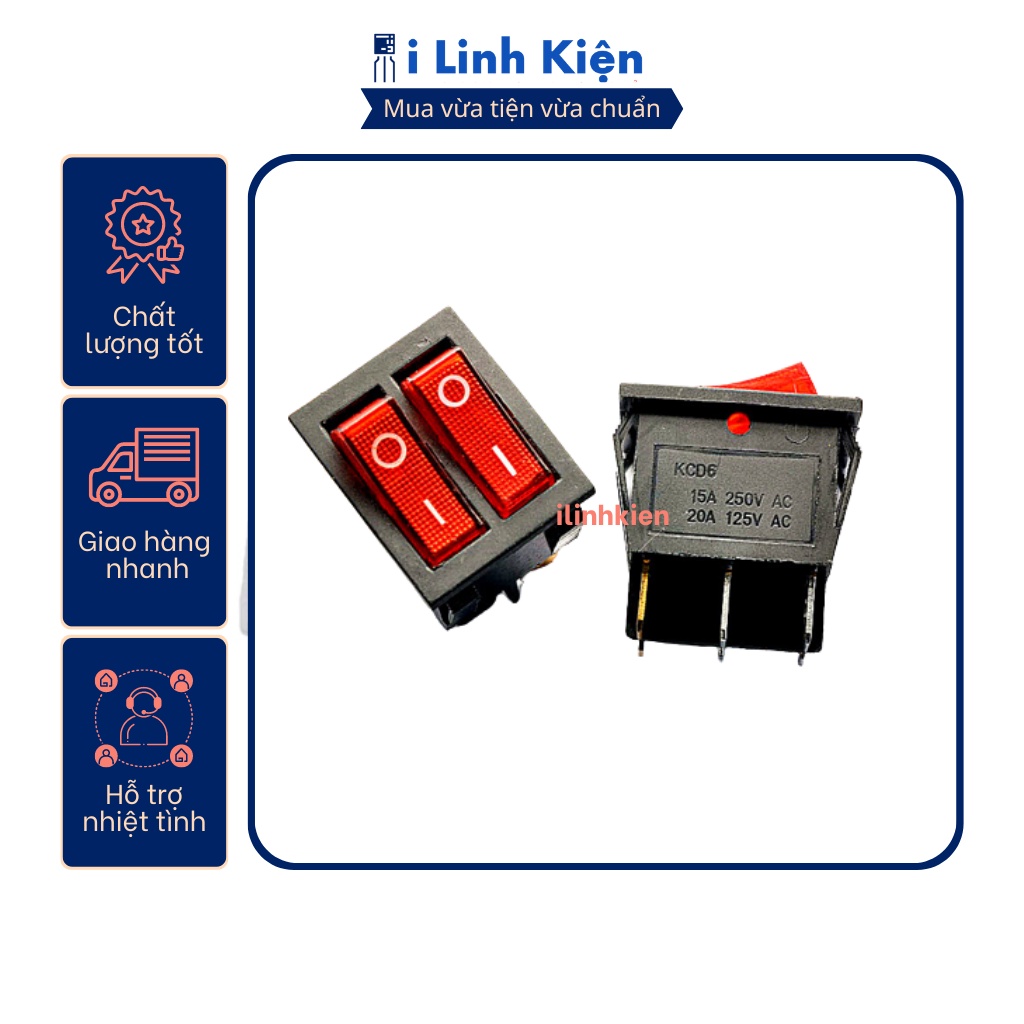 Công tắc bập bênh đôi KCD6-212N 15A 250V 6 chân có đèn
