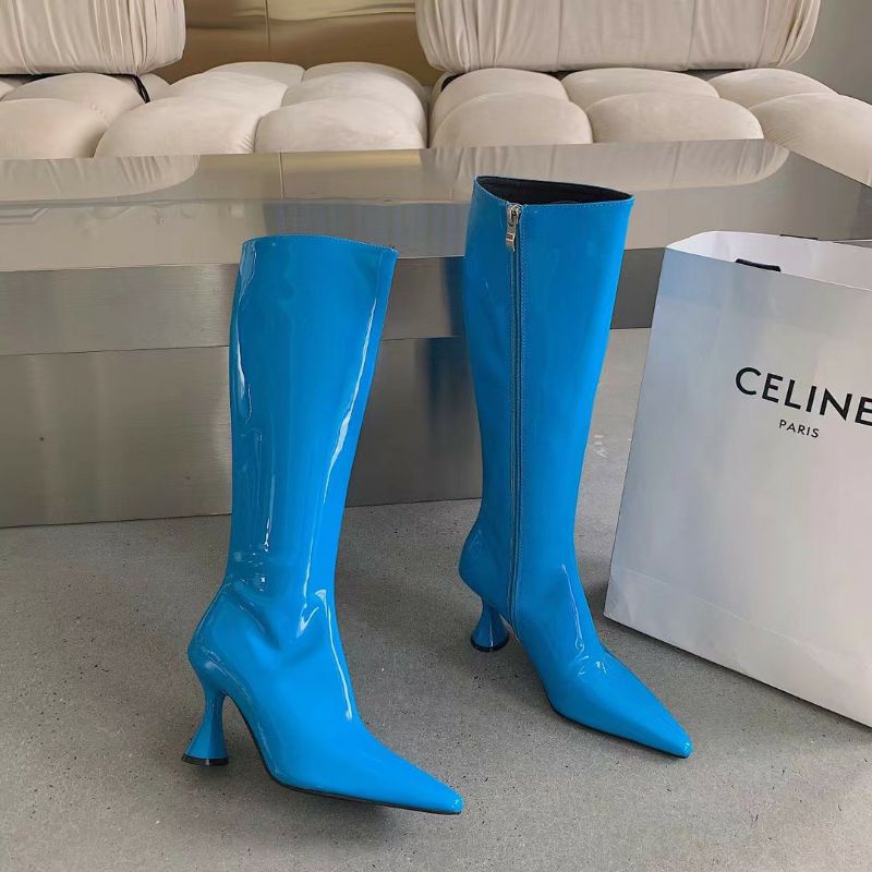 Boots gối da bóng khoá cạnh gót nhọn loe đen xanh vàng trắng