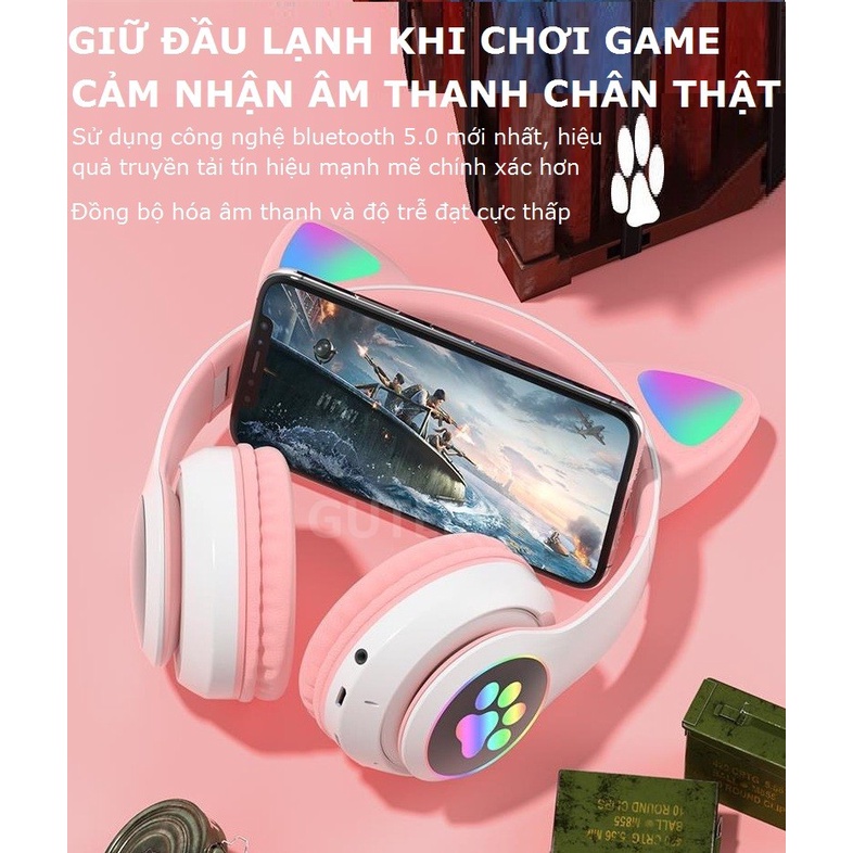 Tai nghe bluetooth chụp tai Gutek B39 tai mèo đèn led 7 màu có mic đàm thoại âm thanh chất lượng