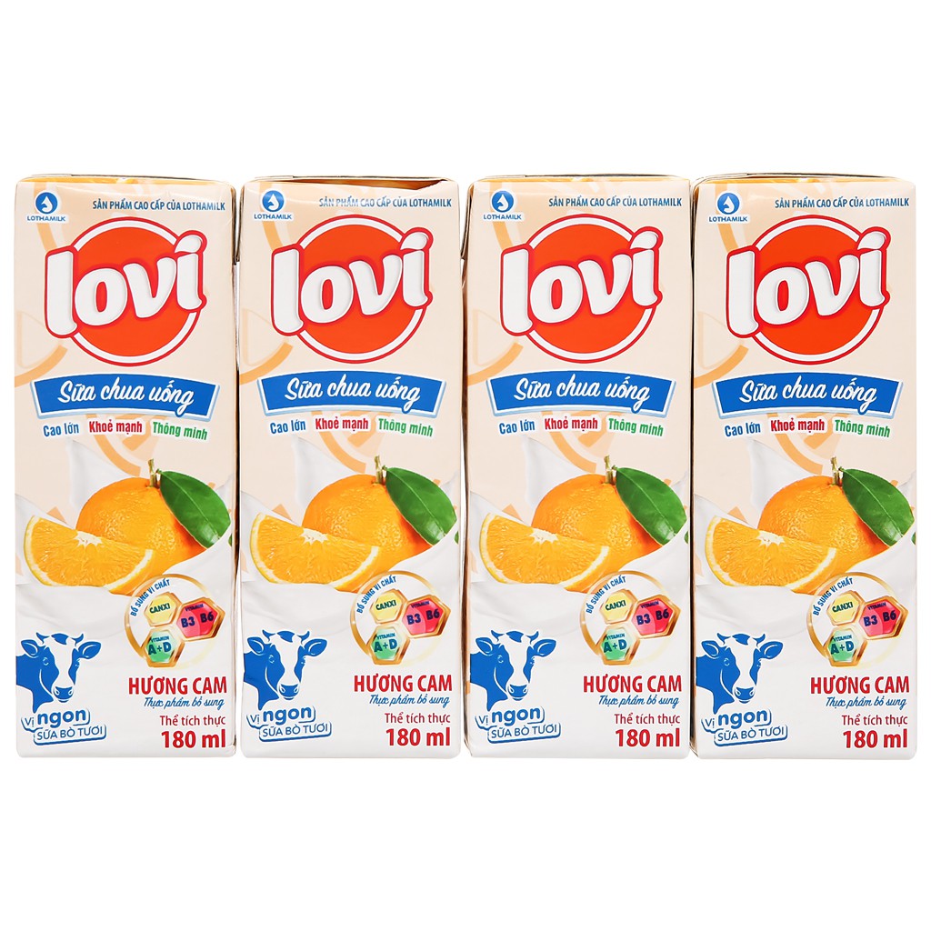 Lốc 4 hộp sữa chua uống hương cam Lovi 180ml