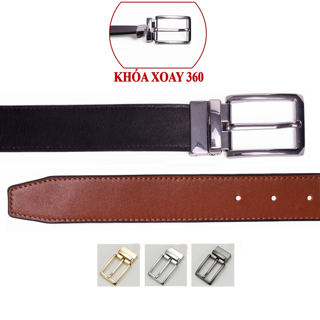 SALE Thắt lưng nam L108 da bò-khóa cài xoay dùng được cả 2 mặt nâu đen .