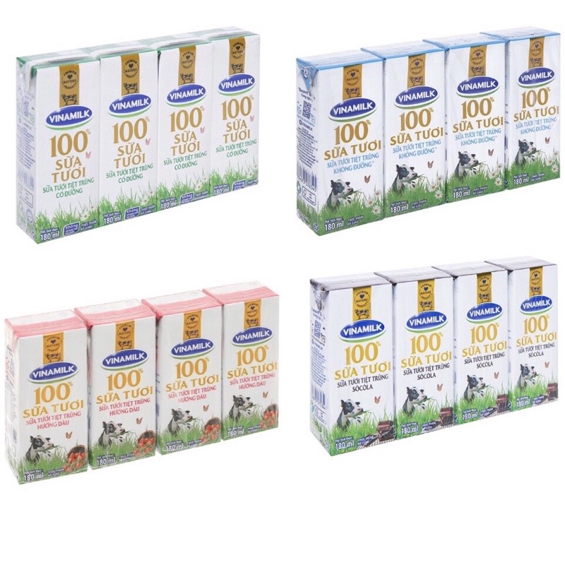 Sữa Tươi Tiệt Trùng Vinamilk 100% Các Vị (Lốc/ Vỉ 4 hộp x 180ml)