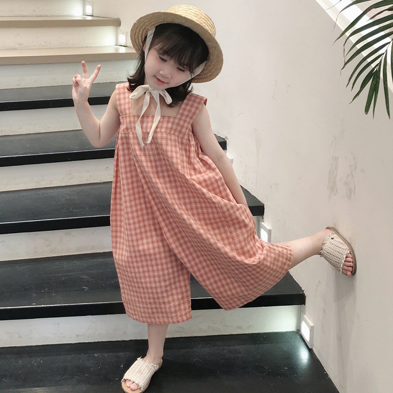 Áo liền quần Hai Dây Họa Tiết Sọc Caro Phong Cách Hàn Quốc