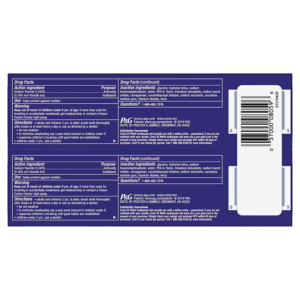 Kem đánh răng Crest 3D White Glamourous White, 4.1 oz, Pack 2 hàng nhập Mỹ