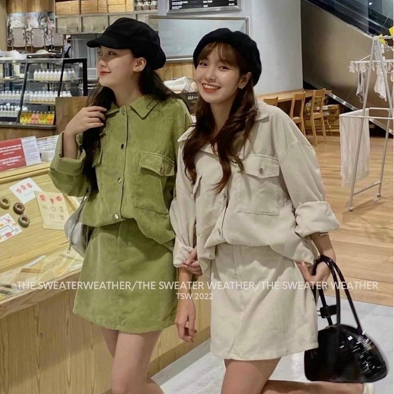 Sét váy thời trang nữ mặc đi chơi chất tăm nhung y mẫu sơ mi tay dài không kèm áo lót mix chân váy chữ A