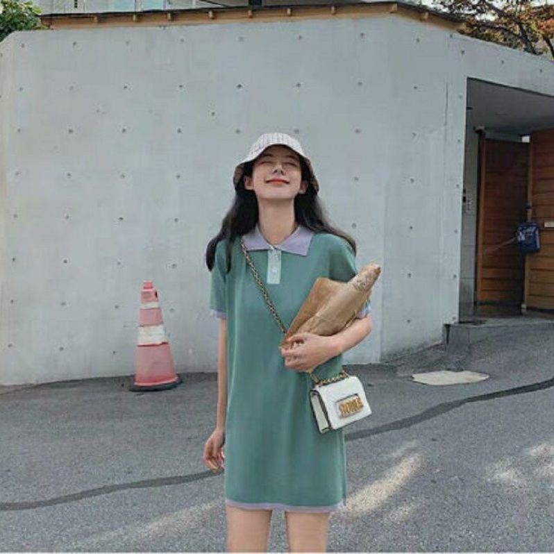 Summer new color contrast short sleeve careful machine polo collar straight tube student dress loose casual knitted short skirt women